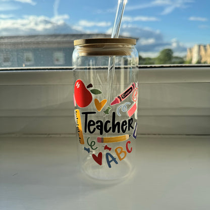 Teacher themed Glass Tumbler 16 oz, Perfect Gift for Teachers, Christmas Gifts for Teachers, Nursery Teachers Gifts, Session End Gifts