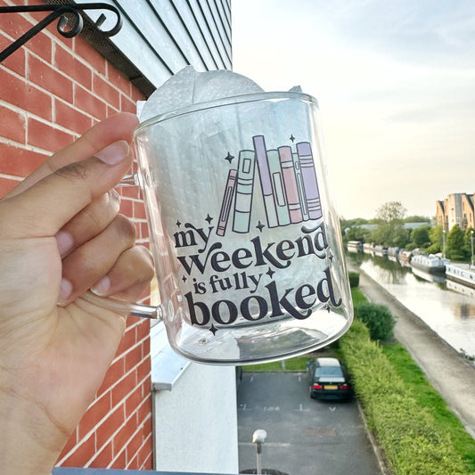 Book lover glass coffee mug . My weekend is booked mug . Glass mug .Gift for book lover, Bibliophile gift . Bookish mug 13oz Double walled