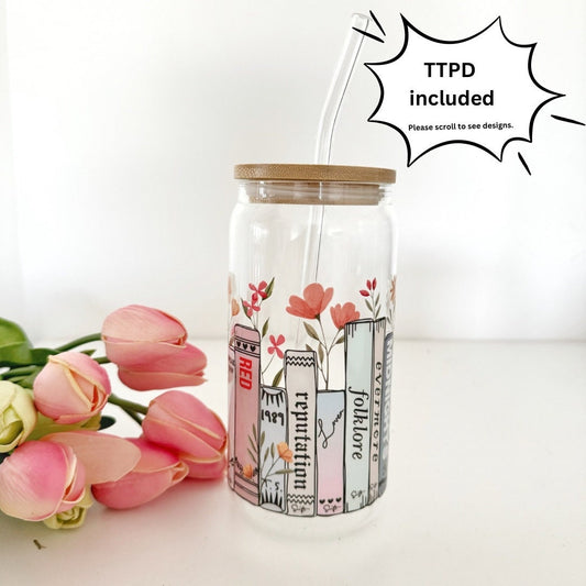 Eras tour Tswift Coffee Can Glass, Swiftie 16oz Beer Can Glass with Bamboo Lid and Glass Straw,Music Album Mug, Swiftea Cup ,Tswift Fan Gift