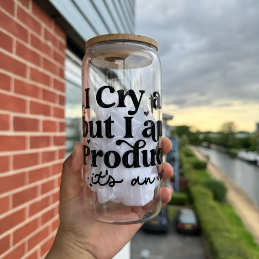 Eras tour Tswift TTPD Coffee Can Glass, I cry alot but I am so Productive glass can,16oz Beer Can Glass with Bamboo Lid and Glass Straw