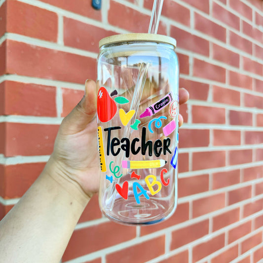Teacher themed Glass Tumbler 16 oz, Perfect Gift for Teachers, End of Year Gifts for Teachers, Nursery Teachers Gifts, Session End Gifts