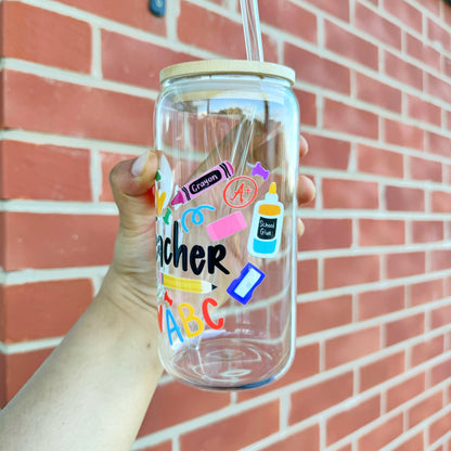 Teacher themed Glass Tumbler 16 oz, Perfect Gift for Teachers, End of Year Gifts for Teachers, Nursery Teachers Gifts, Session End Gifts