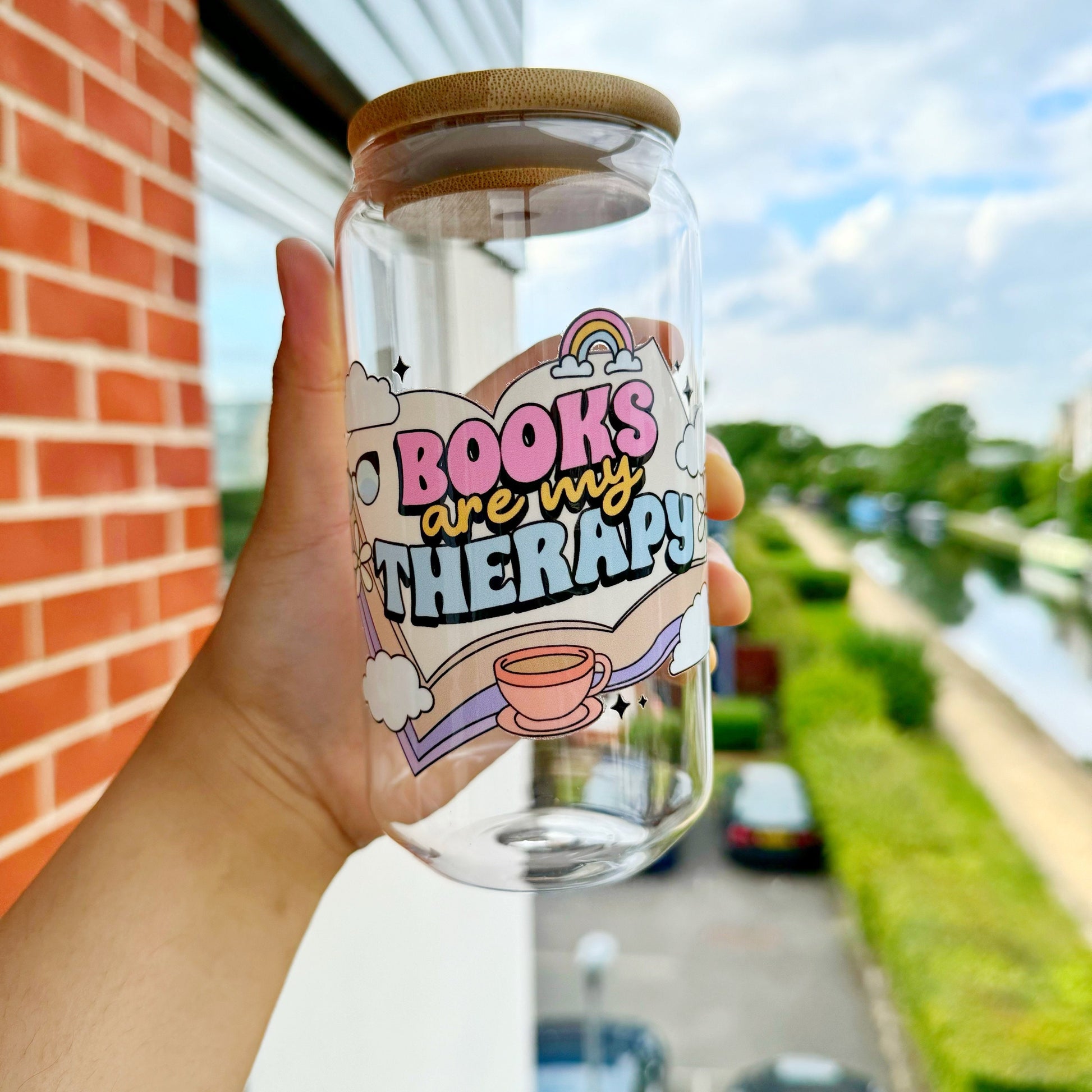 Books are my therapy glass cup, Book Lover Iced Coffee Can Glass, 16oz Beer Can Glass with Bamboo Lid and Glass Straw, bibliophile cup