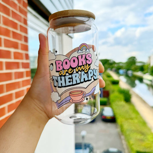 Books are my therapy glass cup, Book Lover Iced Coffee Can Glass, 16oz Beer Can Glass with Bamboo Lid and Glass Straw, bibliophile cup