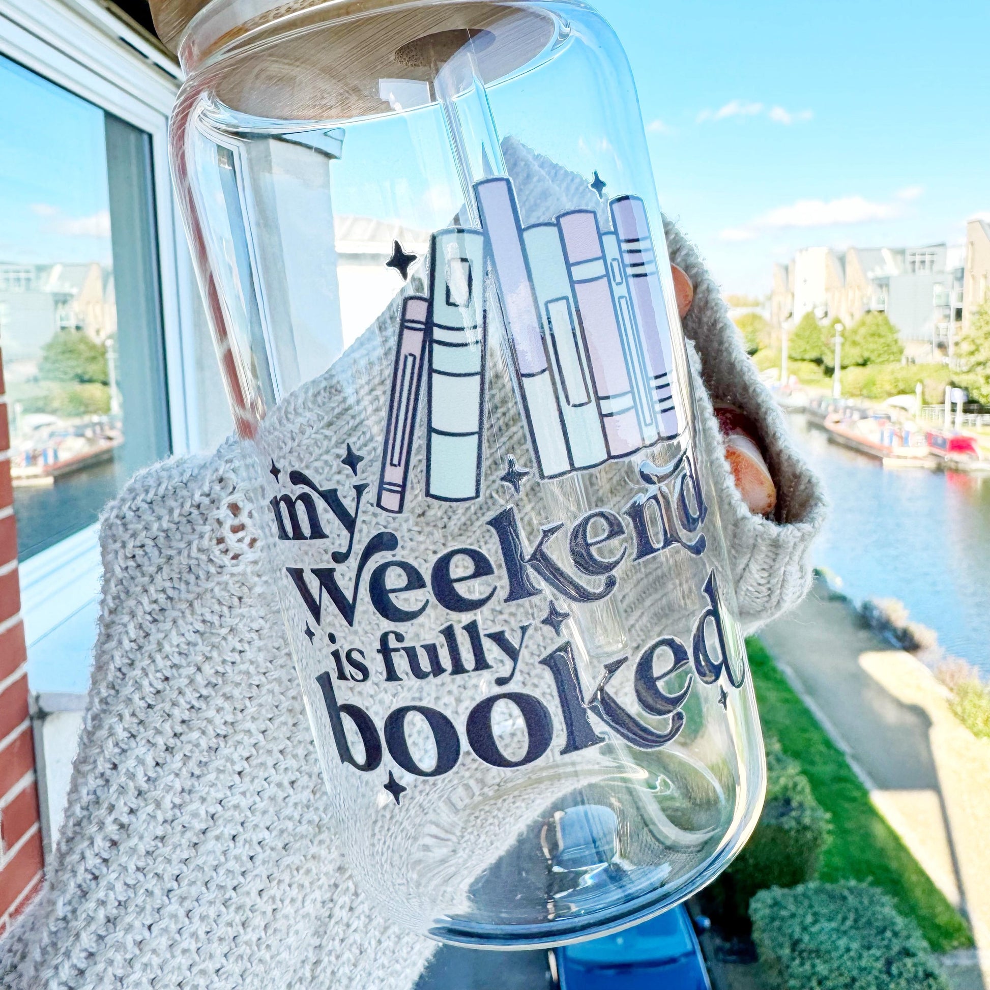 Book Lover Iced Coffee Can Glass, 16oz Beer Can Glass with Bamboo Lid and Glass Straw, My Weekend is fully booked Coffee glass cup
