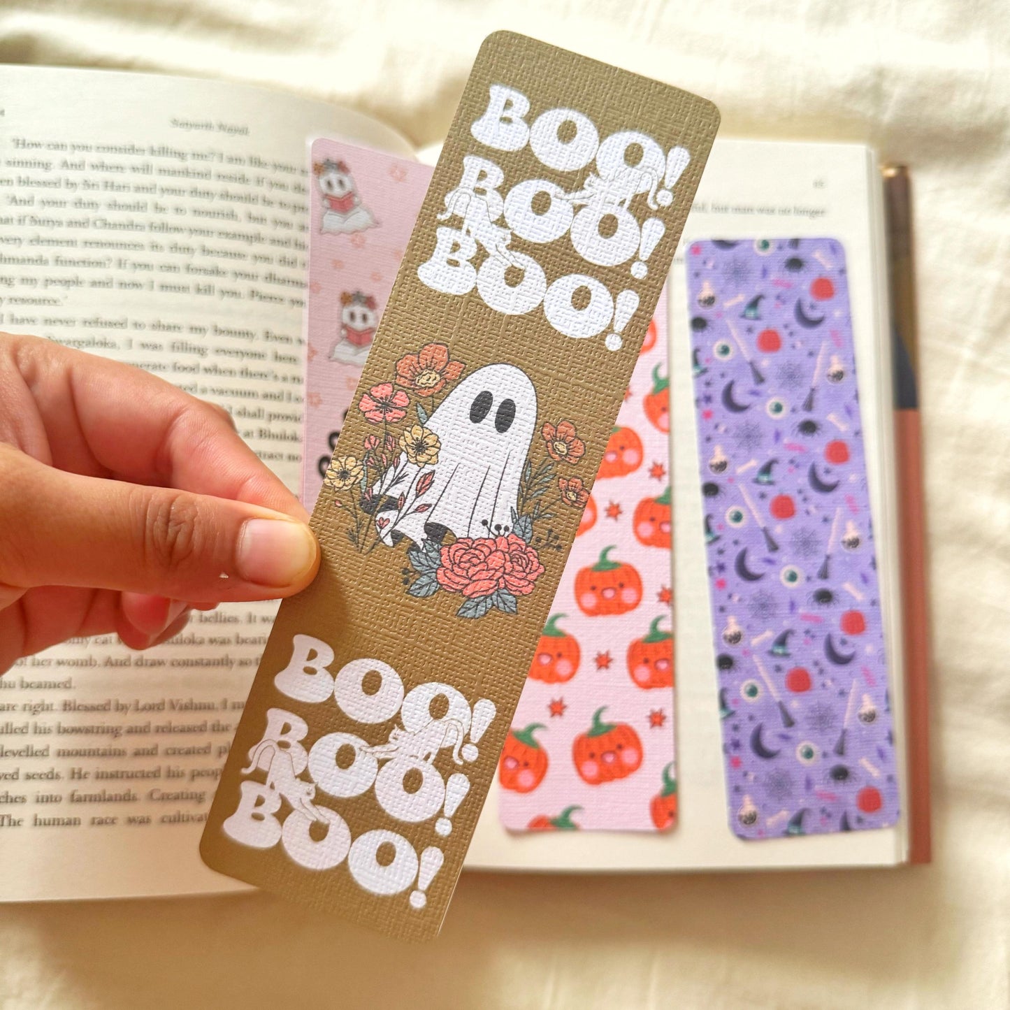 Spooky Boo Bookmark for Book Lovers double sided ,Flowery Ghost,Cute Halloween Linen Bookmark, Booklover Gift,Spooky treat for book lovers