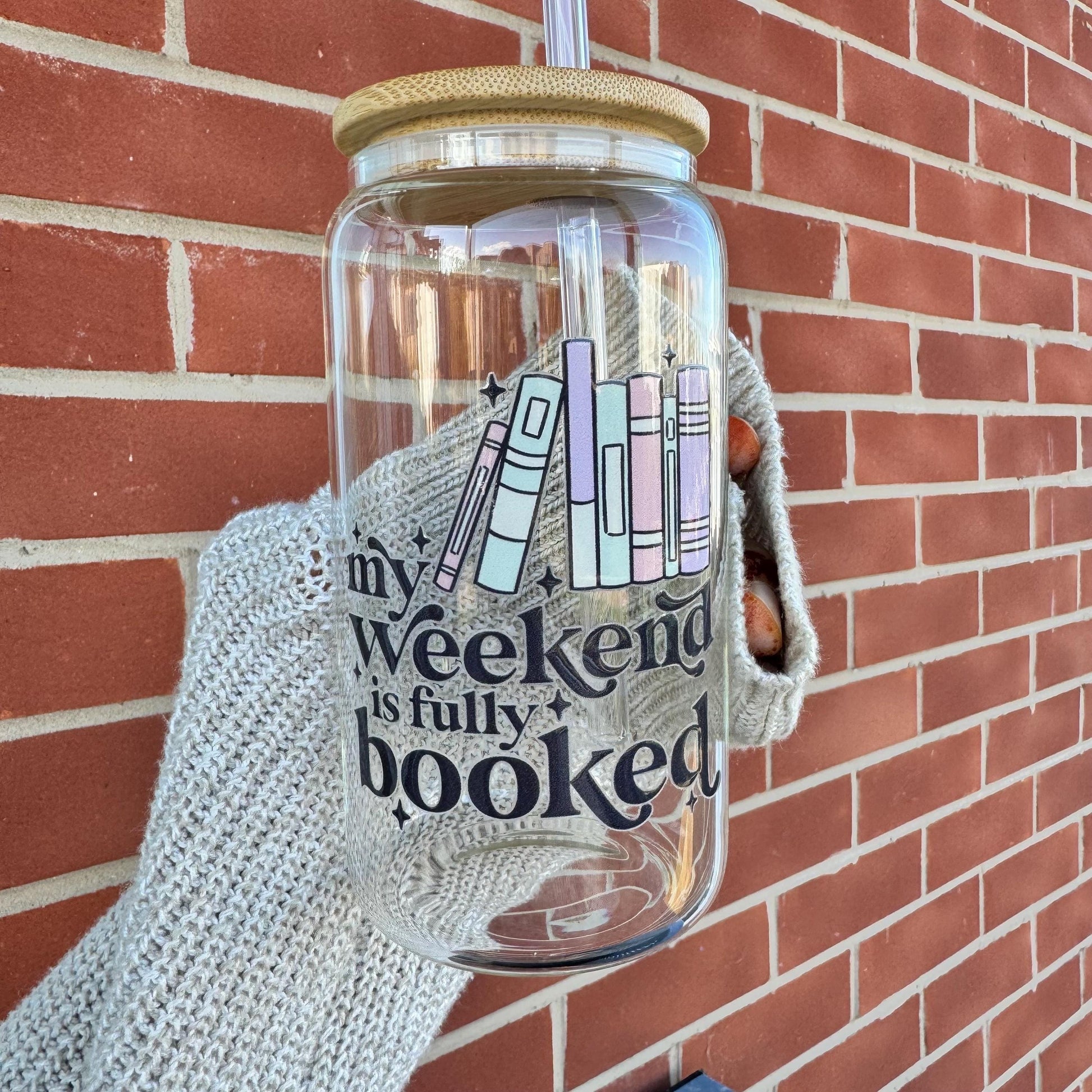 Book Lover Iced Coffee Can Glass, 16oz Beer Can Glass with Bamboo Lid and Glass Straw, My Weekend is fully booked Coffee glass cup