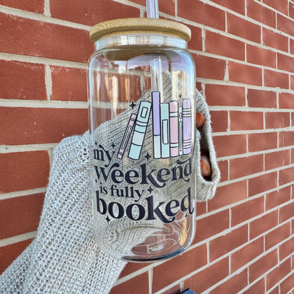 Book Lover Iced Coffee Can Glass, 16oz Beer Can Glass with Bamboo Lid and Glass Straw, My Weekend is fully booked Coffee glass cup