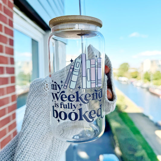 Book Lover Iced Coffee Can Glass, 16oz Beer Can Glass with Bamboo Lid and Glass Straw, My Weekend is fully booked Coffee glass cup