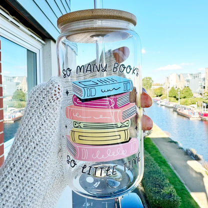 Books are my therapy glass cup, Book Lover Iced Coffee Can Glass, 16oz Beer Can Glass with Bamboo Lid and Glass Straw, bibliophile cup