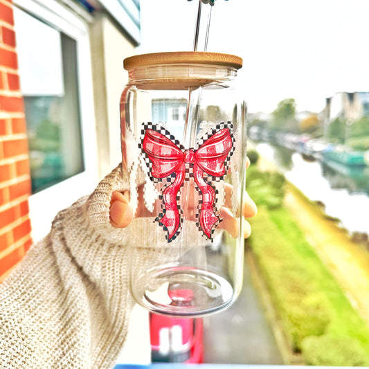 Christmas Coquette Coffee Can Glass, Red bow 16oz Beer Can Glass with Bamboo Lid and Glass Straw,Bow Mug, Holiday Cup, Secret Santa Gifts