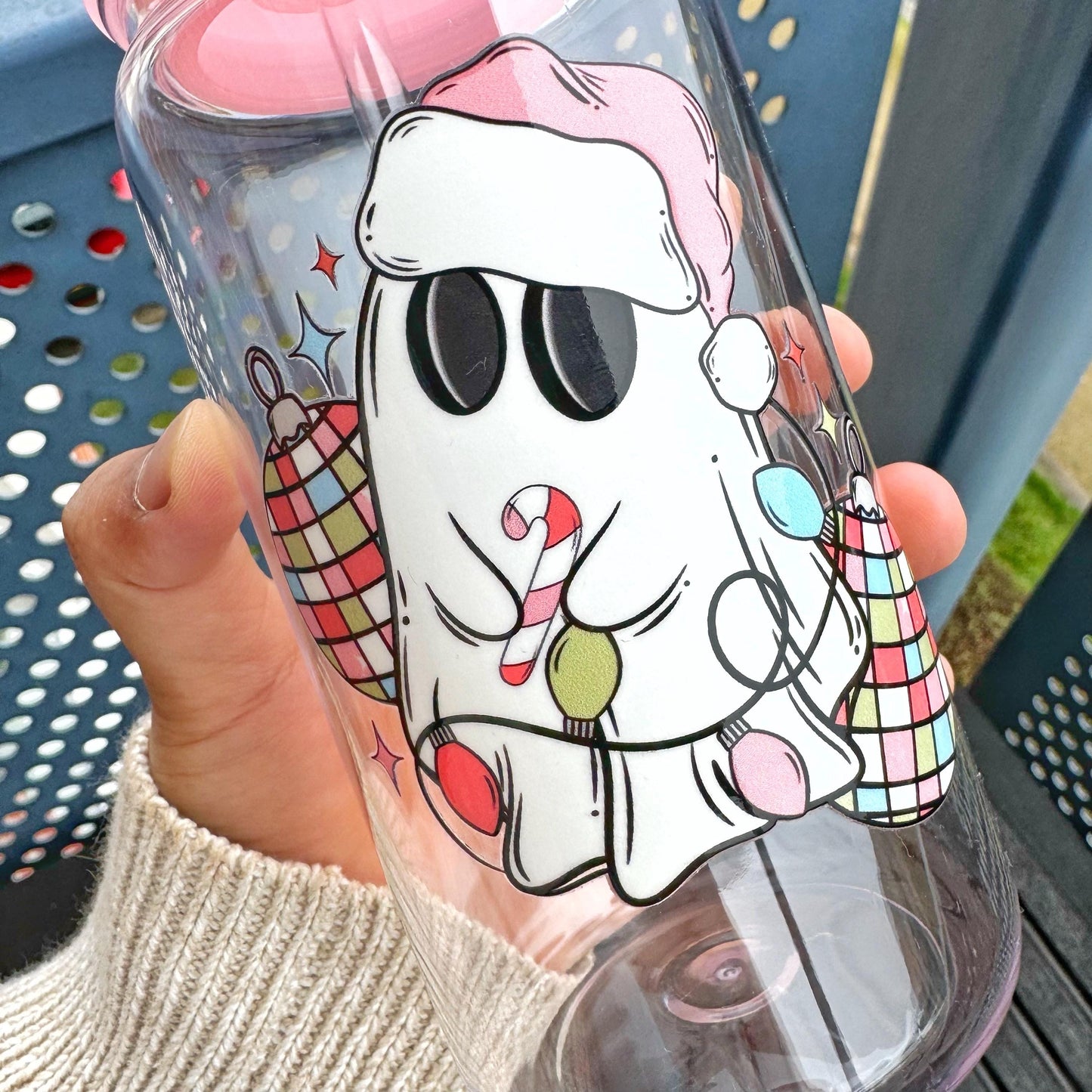 Personalised Christmas Ghostie Plastic tumbler 16oz with plastic straw & acrylic lid,Kids cold cup, Stocking Filler Gift, Secret Santa Gift