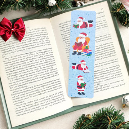 Christmas Santa Reading books Bookmark for Book Lovers two sided ,Jingle Bells Bookmark, Linen Bookmark, Booklover Gifts, stocking filler