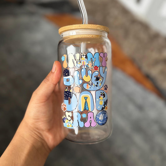 Blue Bandit Best Dad Iced Coffee Can Glass, 16oz Beer Can Glass with Bamboo Lid and Glass Straw,Dad Era, Father’s day Can Glass,Beer Lover