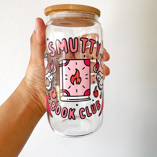 Smutty Book Club Iced Coffee can . Glass mug .Gift for book lover, Bibliophile gift . Bookish mug 16oz with Bamboo lid and straw