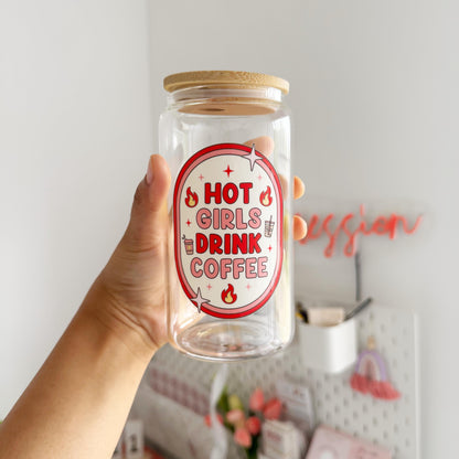 Hot Girls Drink Coffee Glass Can with Bamboo Lid and Glass Straw, 16oz Libbey Iced coffee cup, Coffee lover gifts, Cute Pink Girlie Gifts