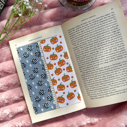 Fall Pumpkin and Ghost Bookmark for Book Lovers double sided ,Autumn Cute Pumpkin Linen Bookmark, Booklover Gift,Spooky treat book lovers