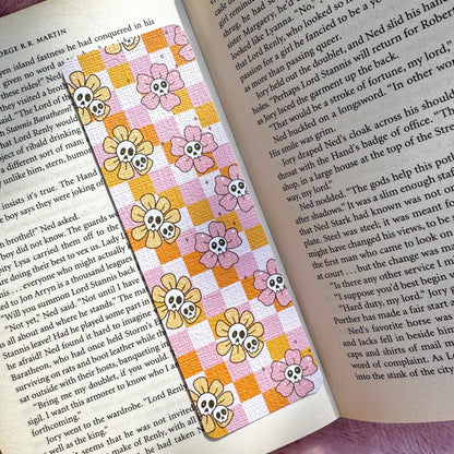 Fall Floral Ghosts Bookmark for Book Lovers double sided ,Autumn Cute Floral Linen Bookmark, Booklover Gift,Cute Pink Checkers bookmarks