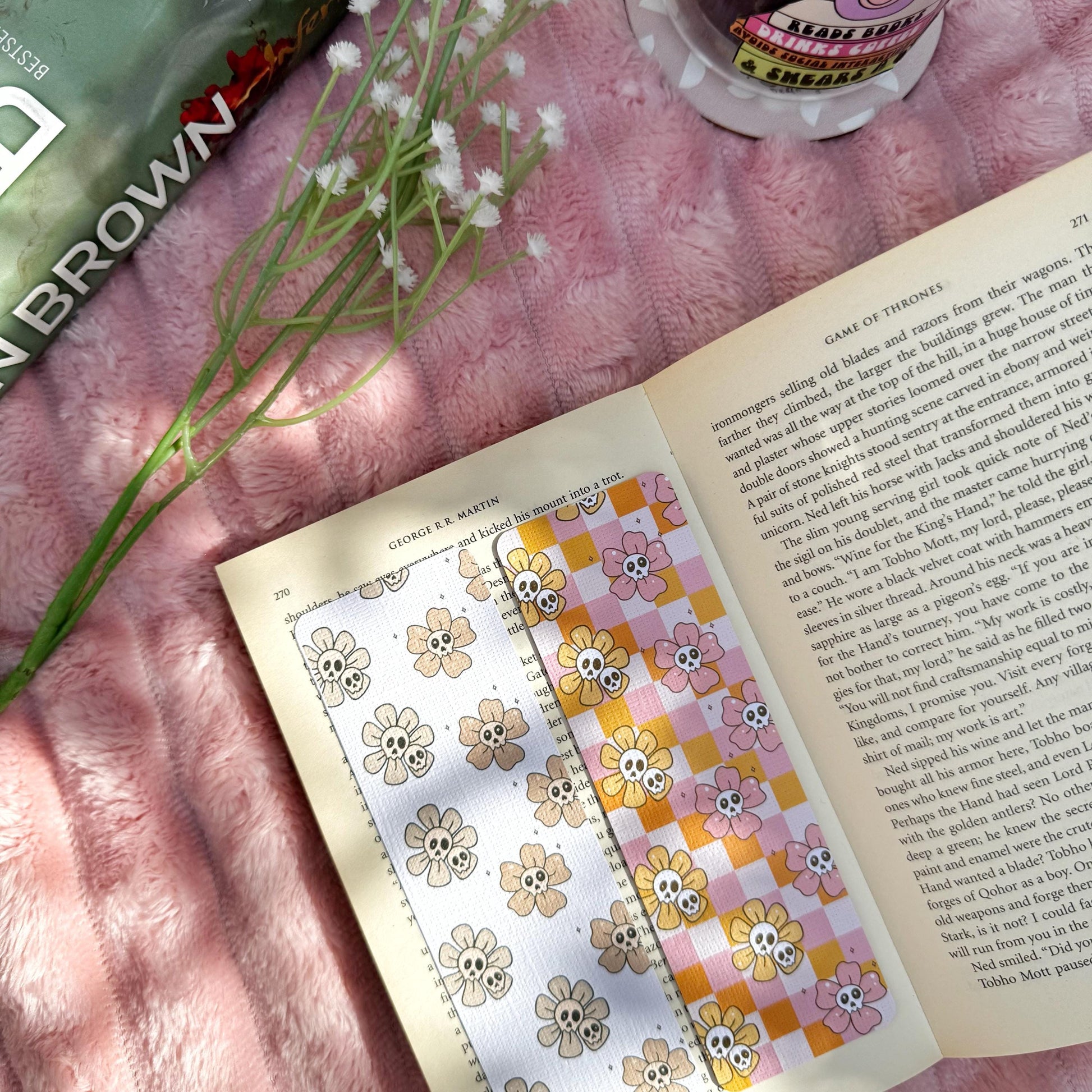 Fall Floral Ghosts Bookmark for Book Lovers double sided ,Autumn Cute Floral Linen Bookmark, Booklover Gift,Cute Pink Checkers bookmarks