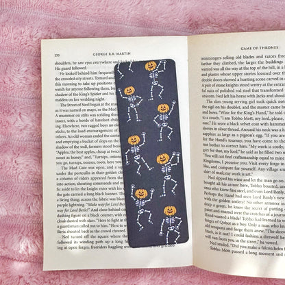 Dancing Ghost Pumpkin Bookmark for Book Lovers double sided ,Autumn Cute Pumpkin Linen Bookmark, Booklover Gift,Spooky Skeleton bookmark