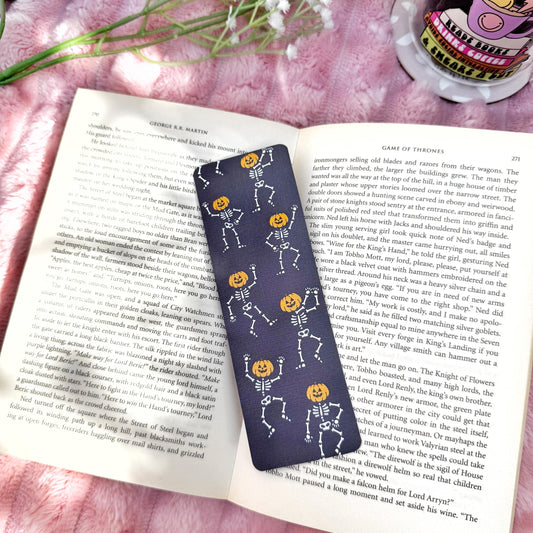 Dancing Ghost Pumpkin Bookmark for Book Lovers double sided ,Autumn Cute Pumpkin Linen Bookmark, Booklover Gift,Spooky Skeleton bookmark