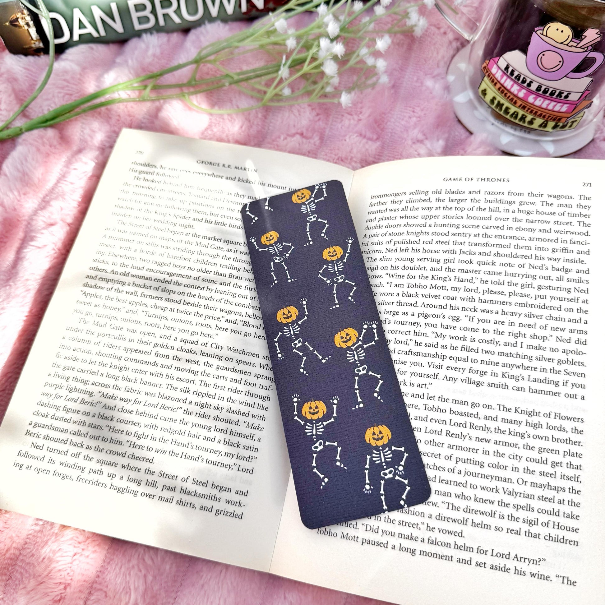 Dancing Ghost Pumpkin Bookmark for Book Lovers double sided ,Autumn Cute Pumpkin Linen Bookmark, Booklover Gift,Spooky Skeleton bookmark