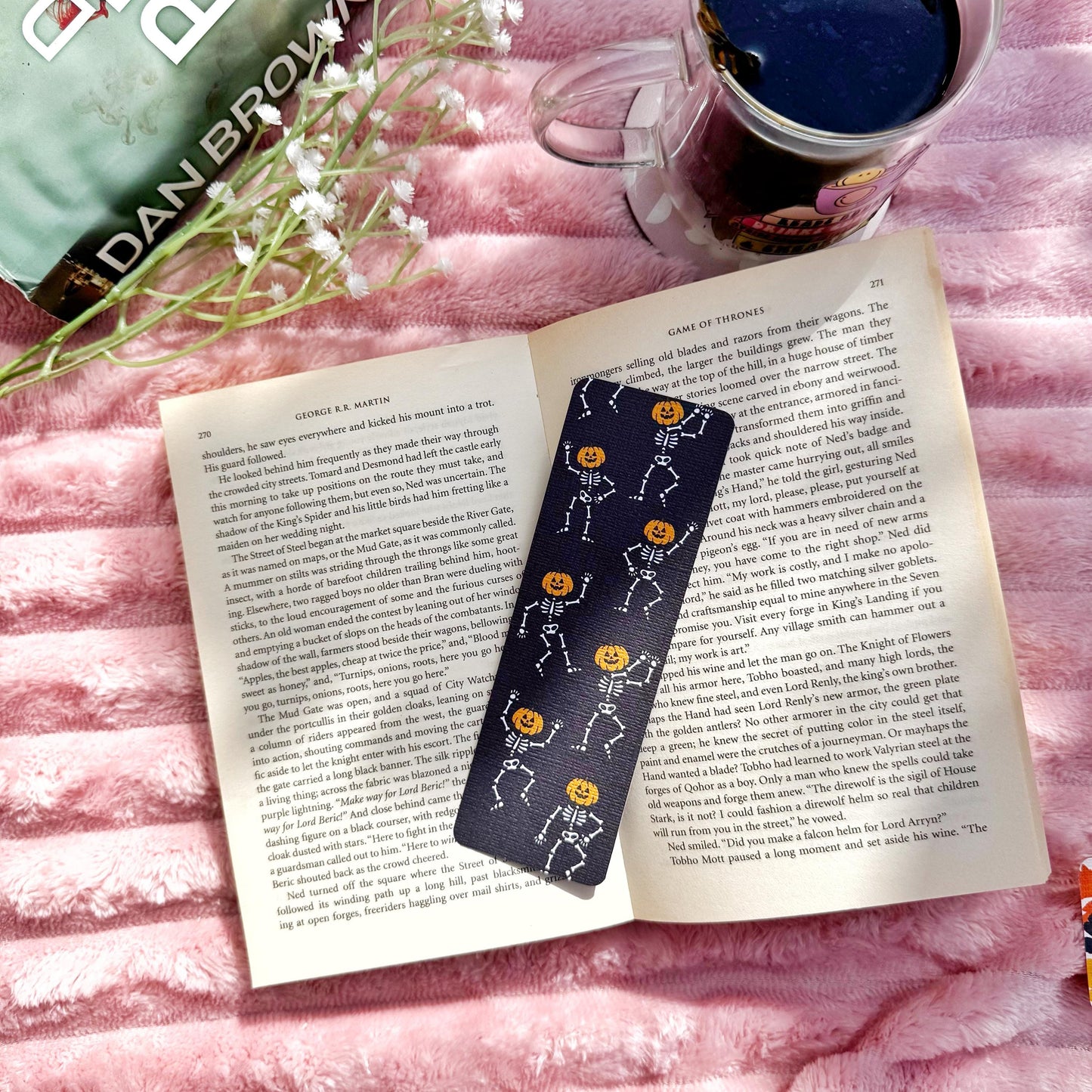 Dancing Ghost Pumpkin Bookmark for Book Lovers double sided ,Autumn Cute Pumpkin Linen Bookmark, Booklover Gift,Spooky Skeleton bookmark