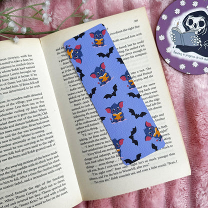 Cute Bat Halloween Bookish Bookmark, Doublesided Linen Tasseled Bookmark, Purple Witchy Bat Bookish Reader Bookmark, Cute Bat reading Books