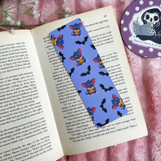 Cute Bat Halloween Bookish Bookmark, Doublesided Linen Tasseled Bookmark, Purple Witchy Bat Bookish Reader Bookmark, Cute Bat reading Books