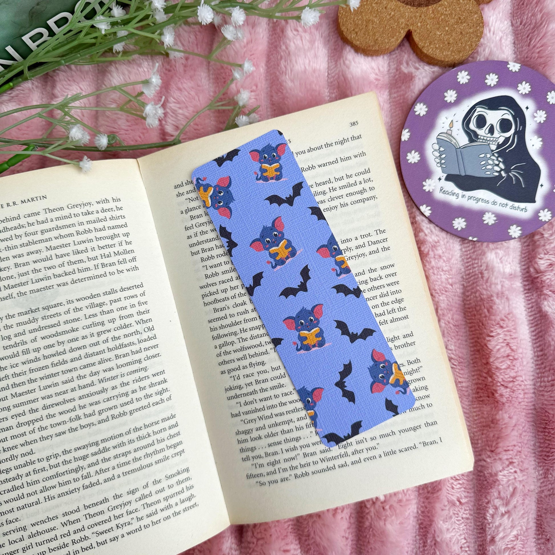 Cute Bat Halloween Bookish Bookmark, Doublesided Linen Tasseled Bookmark, Purple Witchy Bat Bookish Reader Bookmark, Cute Bat reading Books