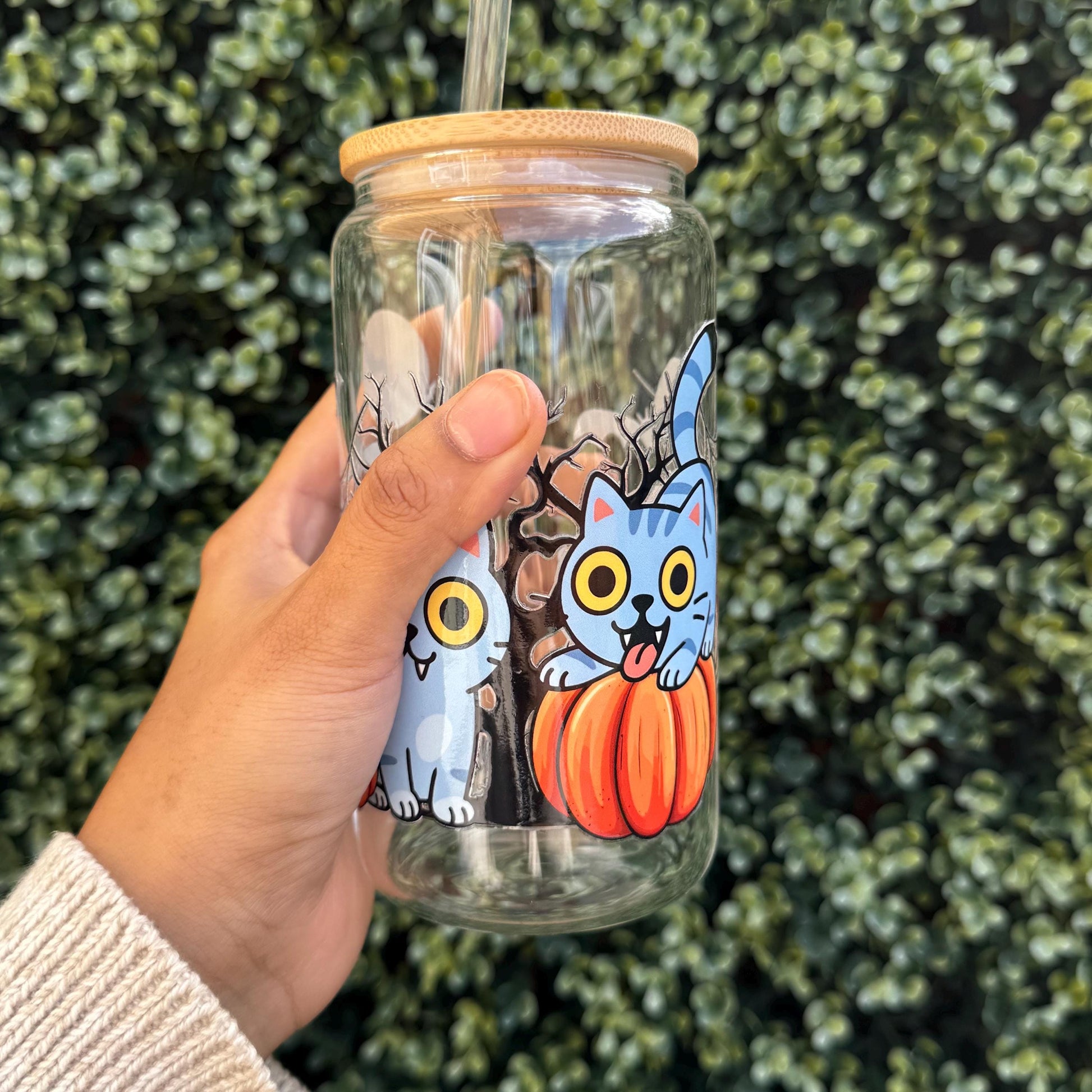 Spooky Cat Pumpkin Can Glass: Iced Coffee Tumbler with Bamboo Lid