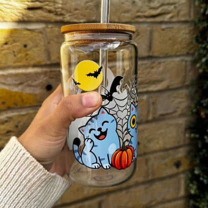 Spooky Cat Pumpkin Can Glass: Iced Coffee Tumbler with Bamboo Lid