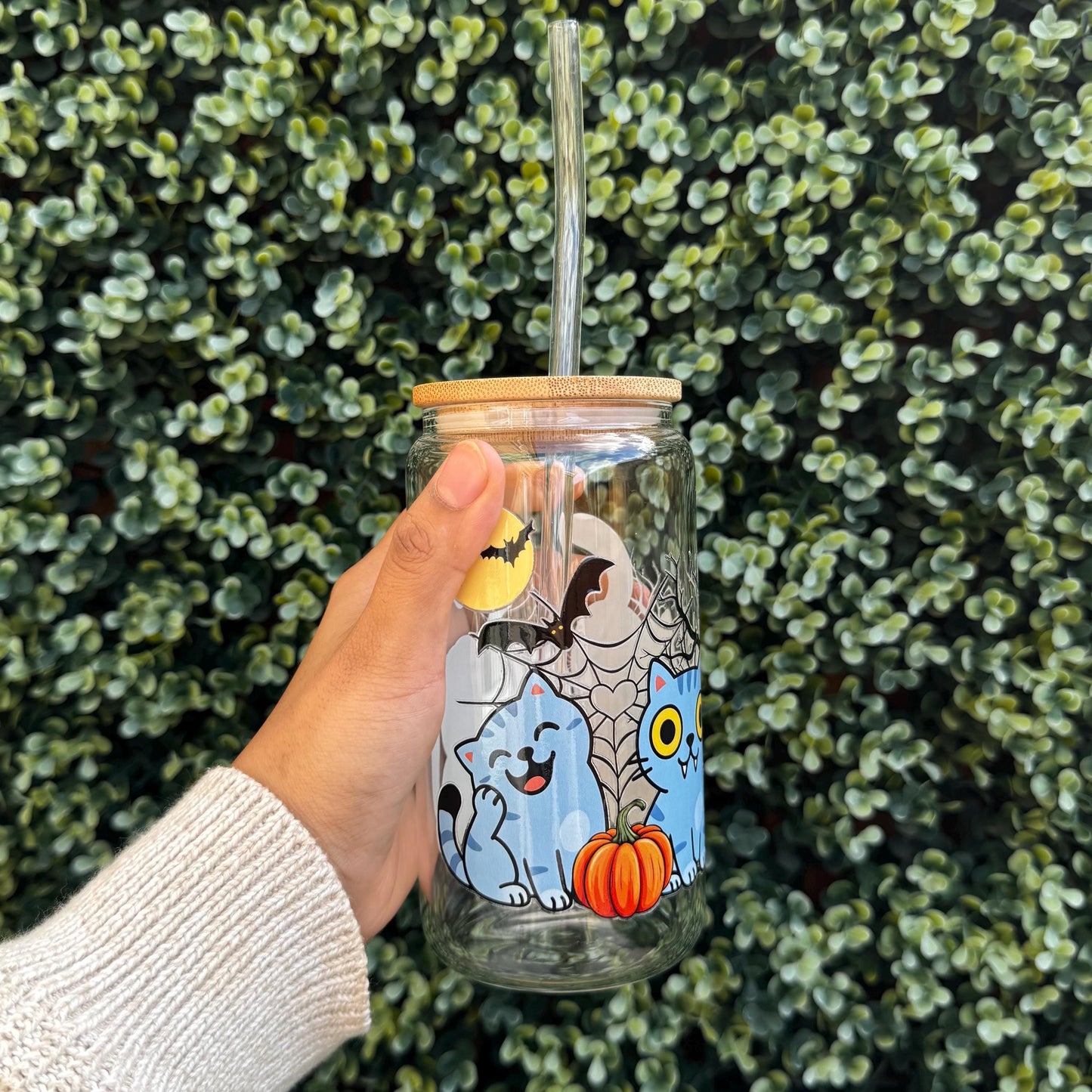 Spooky Cat Pumpkin Can Glass: Iced Coffee Tumbler with Bamboo Lid