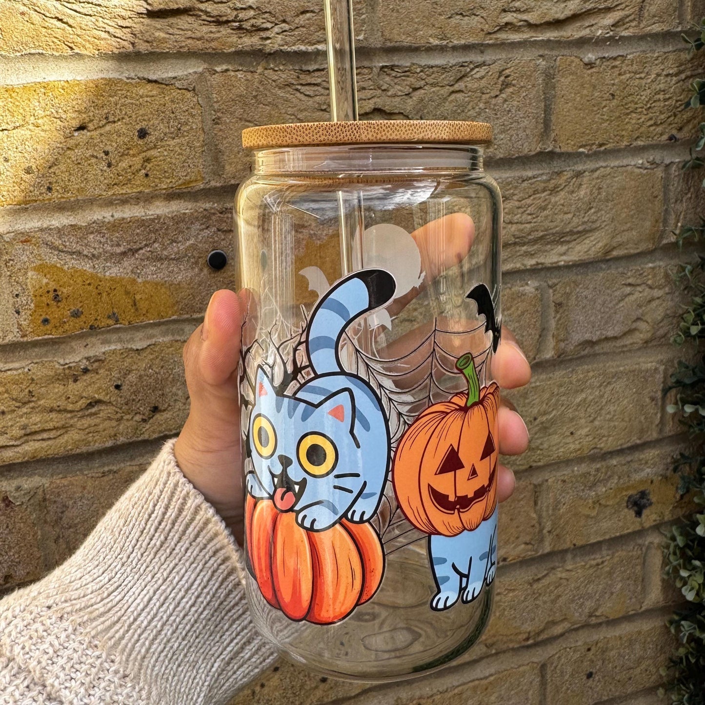 Spooky Cat Pumpkin Can Glass: Iced Coffee Tumbler with Bamboo Lid