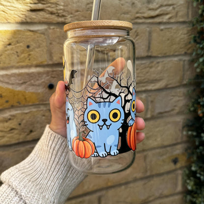 Spooky Cat Pumpkin Can Glass: Iced Coffee Tumbler with Bamboo Lid