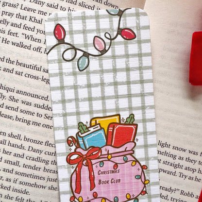 Christmas book Club Bag of Books & Christmas Light Bookmark, Double Side 2x6 inch Linen Paper Gift