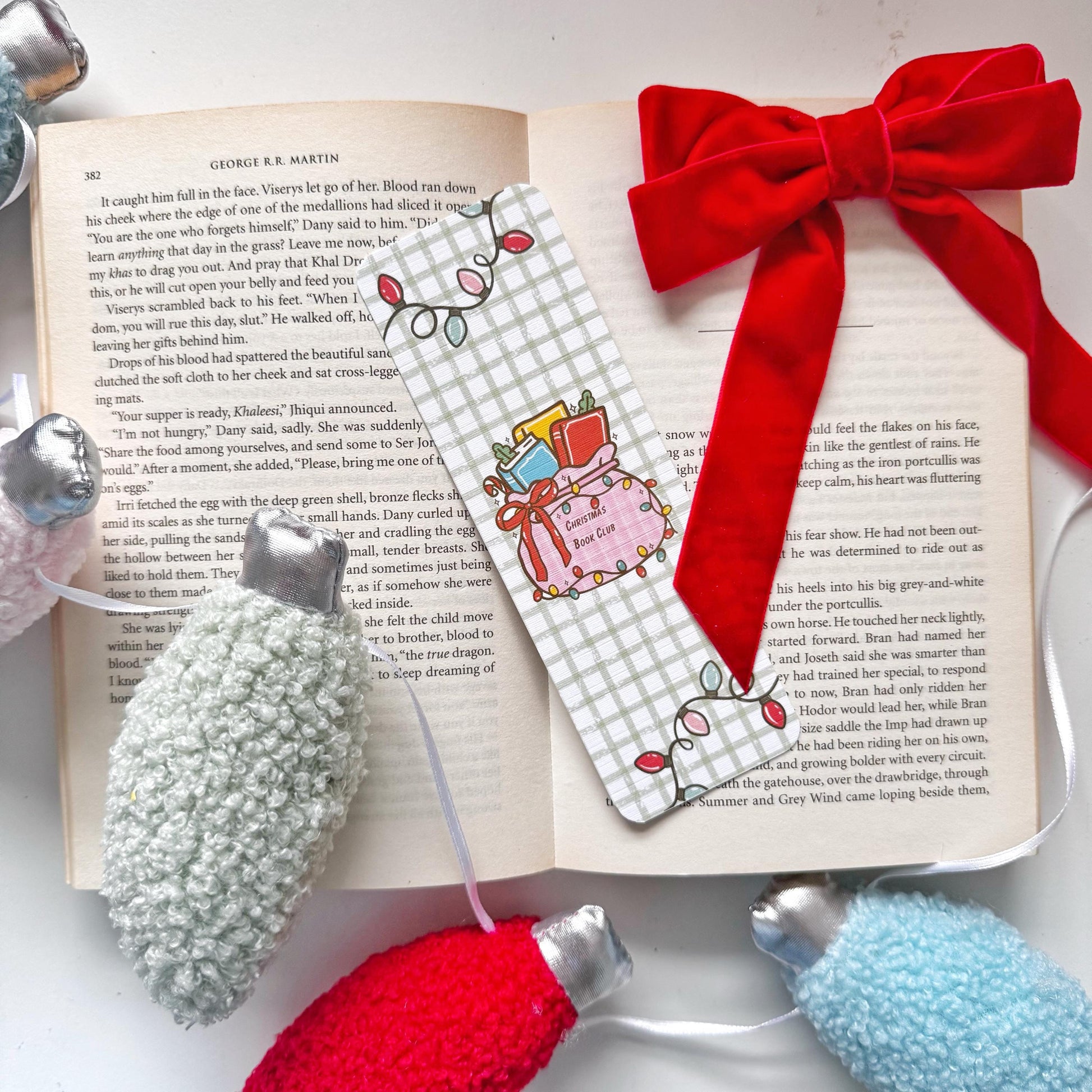 Christmas book Club Bag of Books & Christmas Light Bookmark, Double Side 2x6 inch Linen Paper Gift