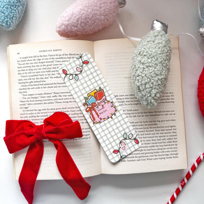 Christmas book Club Bag of Books & Christmas Light Bookmark, Double Side 2x6 inch Linen Paper Gift