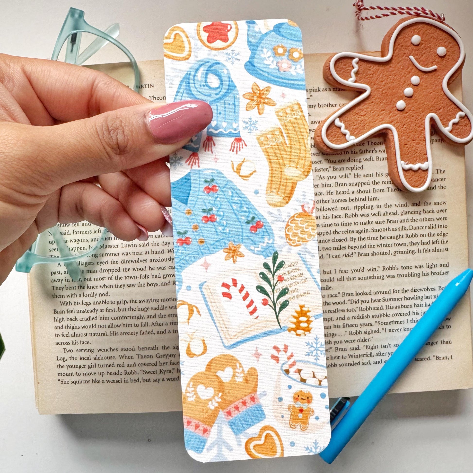 Cozy Christmas Bookmark Pastel Blue, Double Side 2x6 inch Linen Paper Gift