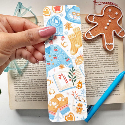 Cozy Christmas Bookmark Pastel Blue, Double Side 2x6 inch Linen Paper Gift