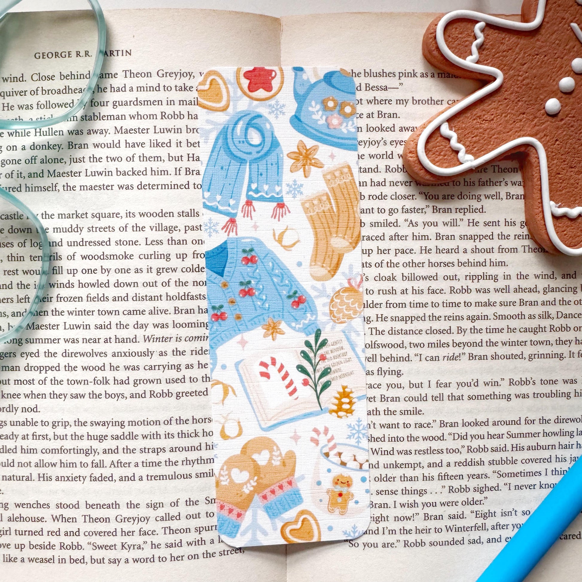 Cozy Christmas Bookmark Pastel Blue, Double Side 2x6 inch Linen Paper Gift
