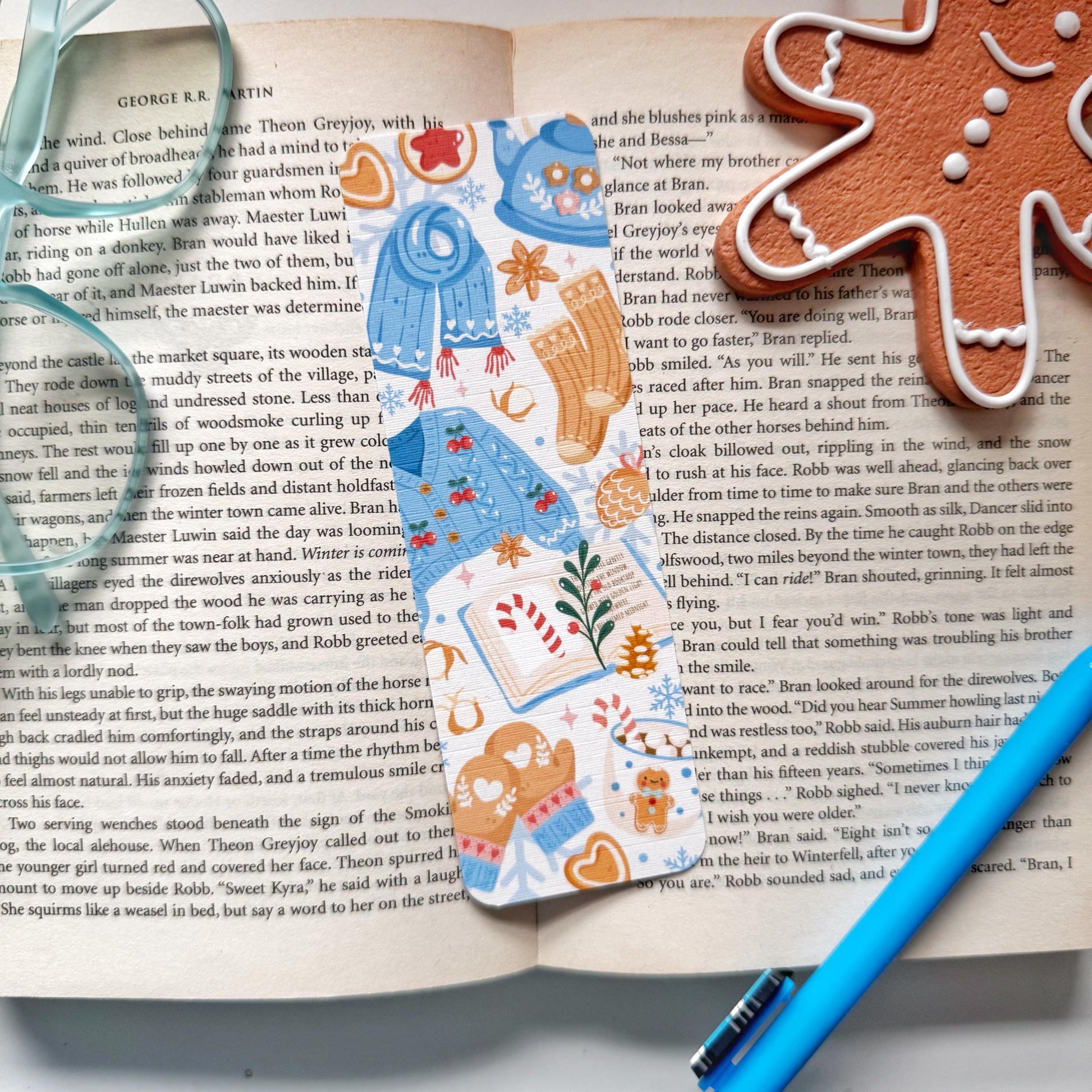 Cozy Christmas Bookmark Pastel Blue, Double Side 2x6 inch Linen Paper Gift