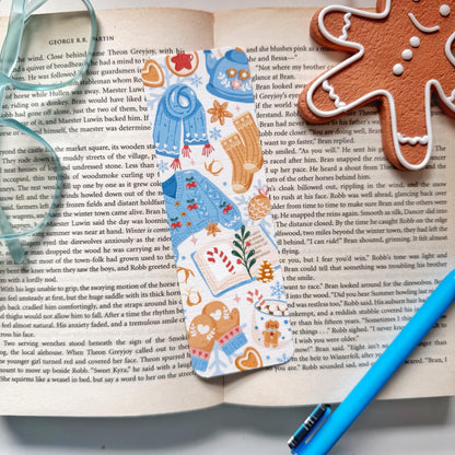 Cozy Christmas Bookmark Pastel Blue, Double Side 2x6 inch Linen Paper Gift