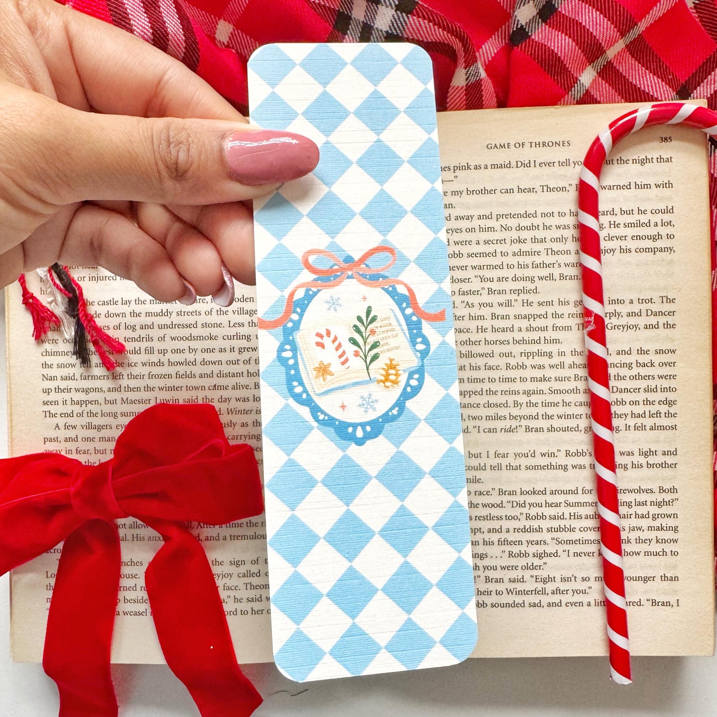 Christmas bookish Bookmark Pastel Blue Checkers, Double Side 2x6 inch Linen Paper Gift