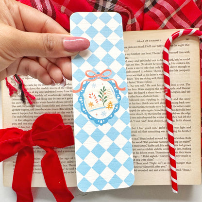 Christmas bookish Bookmark Pastel Blue Checkers, Double Side 2x6 inch Linen Paper Gift