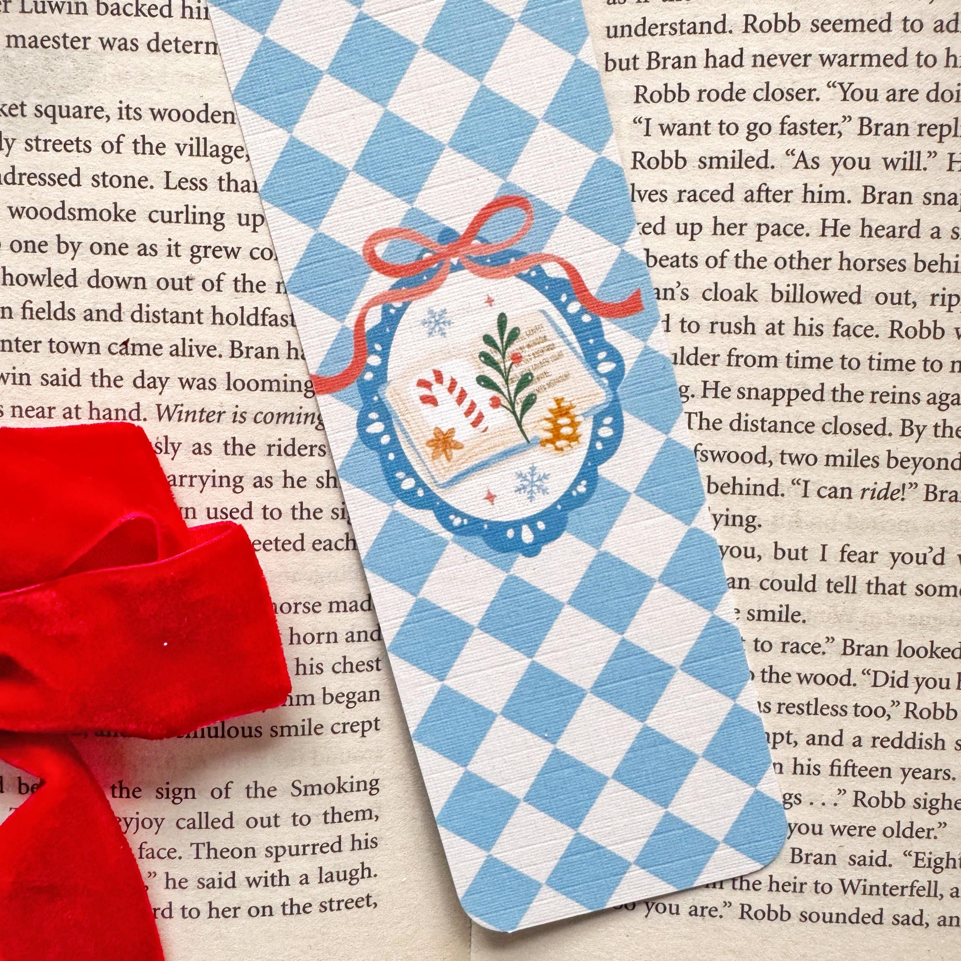 Christmas bookish Bookmark Pastel Blue Checkers, Double Side 2x6 inch Linen Paper Gift
