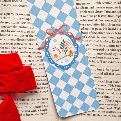 Christmas bookish Bookmark Pastel Blue Checkers, Double Side 2x6 inch Linen Paper Gift