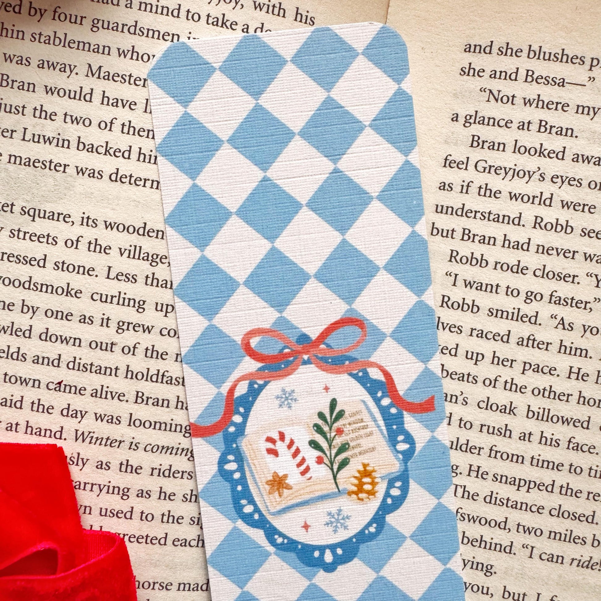 Christmas bookish Bookmark Pastel Blue Checkers, Double Side 2x6 inch Linen Paper Gift