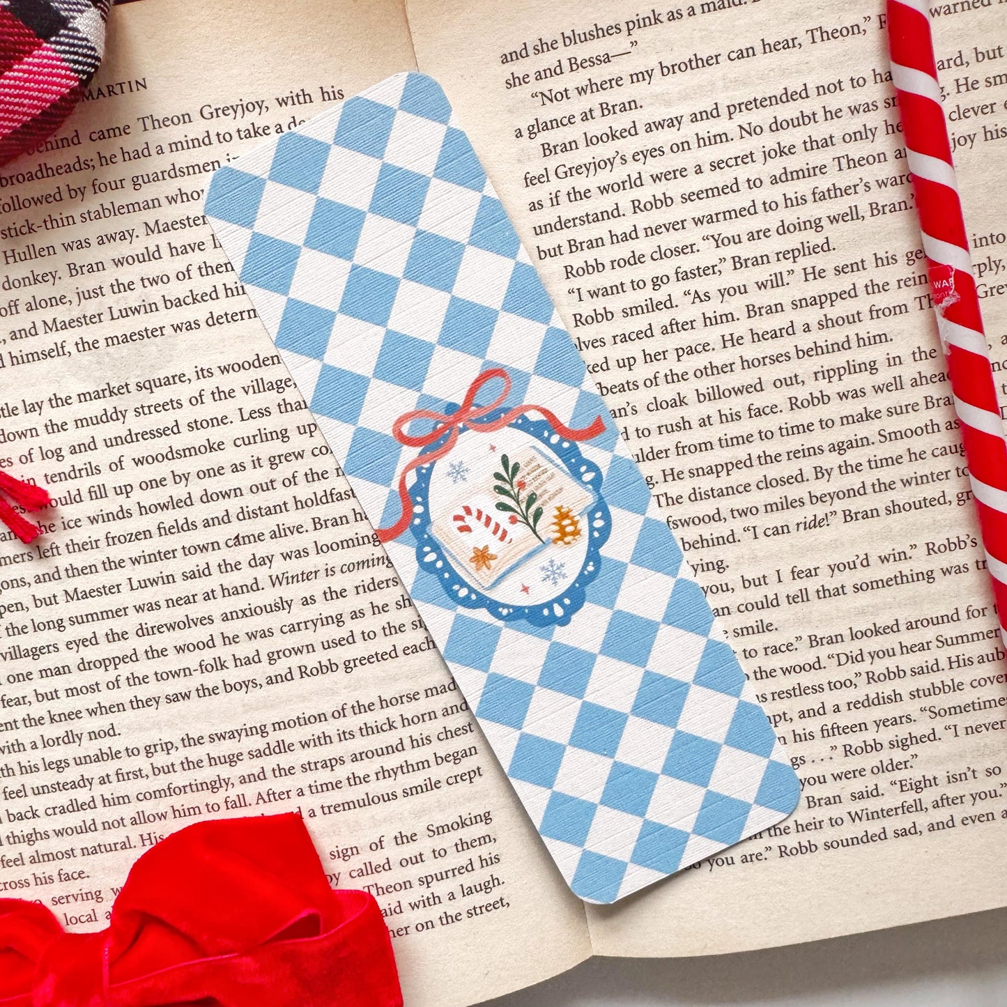 Christmas bookish Bookmark Pastel Blue Checkers, Double Side 2x6 inch Linen Paper Gift