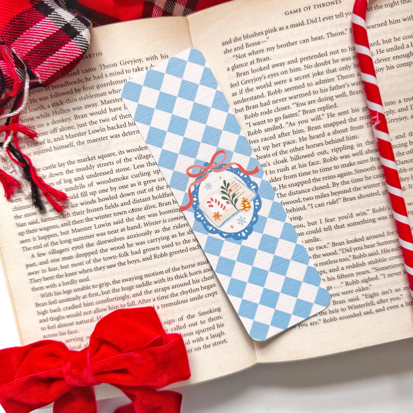 Christmas bookish Bookmark Pastel Blue Checkers, Double Side 2x6 inch Linen Paper Gift